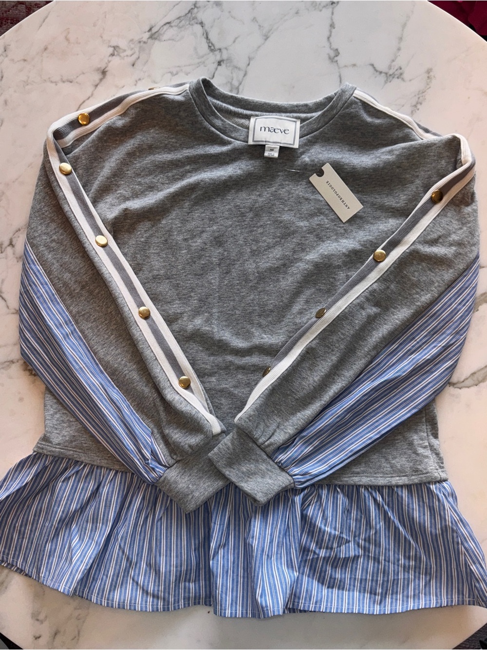 Maeve Gray Sweatshirt with Blue Striped Ruffle Hem and Gold Buttons